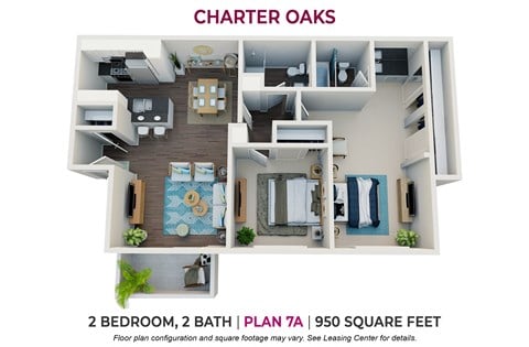 Floor plan for 2 beds, 2 baths, 950 sqft