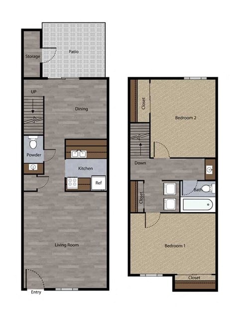 Floor plan for 2 beds, 1.5 baths, 1030 sqft