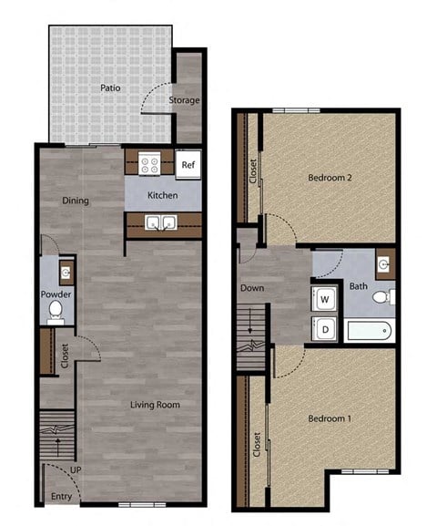 Floor plan for 2 beds, 1.5 baths, 1030 sqft