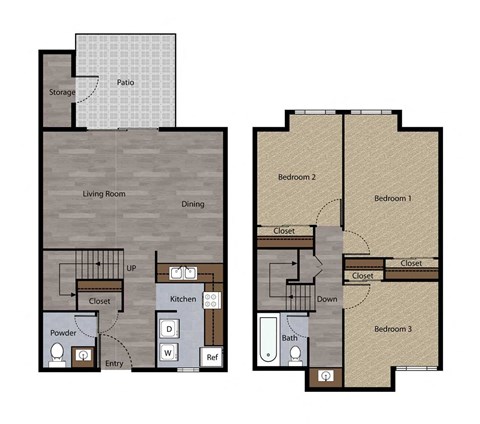 Floor plan for 3 beds, 1.5 baths, 1100 sqft