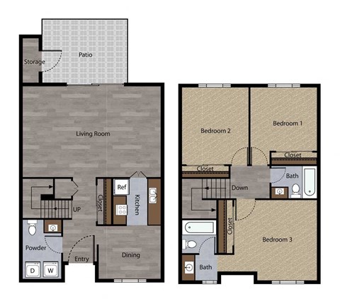 Floor plan for 3 beds, 2.5 baths, 1400 sqft