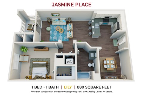 Floor plan for 1 bed, 1 bath, 880 sqft