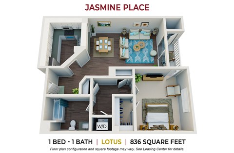 Floor plan for 1 bed, 1 bath, 836 sqft