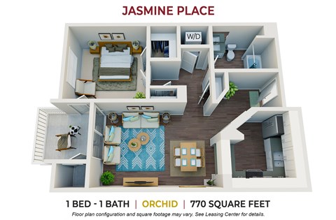Floor plan for 1 bed, 1 bath, 770 sqft