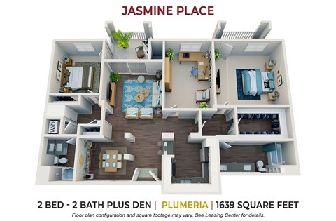 Floor plan for 2 beds, 2 baths, 1639 sqft