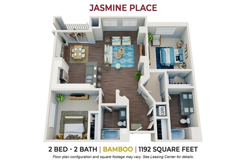 Floor plan for 2 beds, 2 baths, 1192 sqft