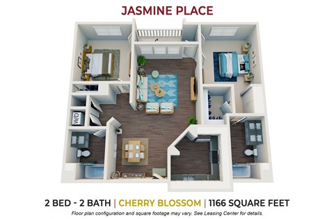 Floor plan for 2 beds, 2 baths, 1166 sqft