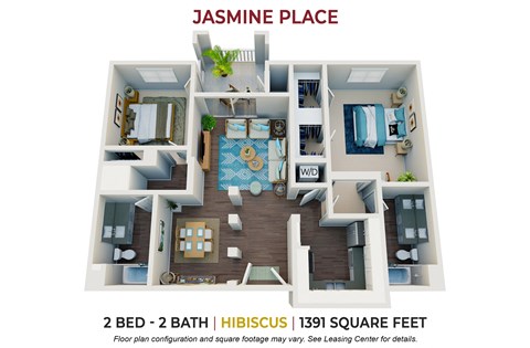 Floor plan for 2 beds, 2 baths, 1391 sqft