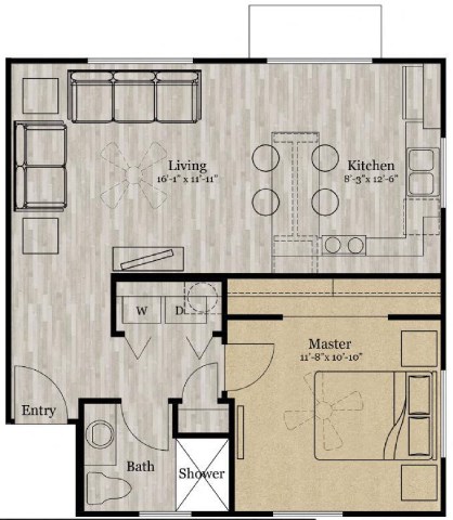 Floor plan for 1 bed, 1 bath, 635 sqft
