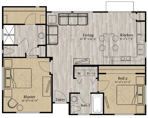 Floor plan for 2 beds, 2 baths, 962 sqft