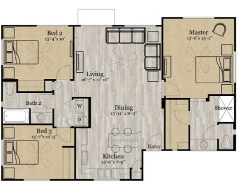 Floor plan for 3 beds, 2 baths, 1236 sqft