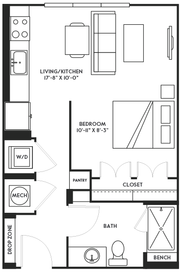 Floor plan for studio, 1 bath, 534 sqft