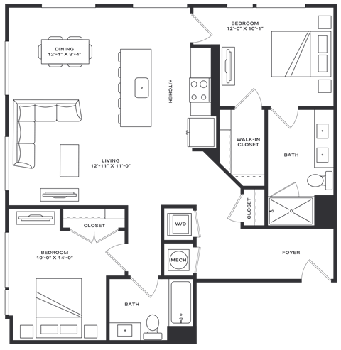 Floor plan for 2 beds, 2 baths, 1122 sqft