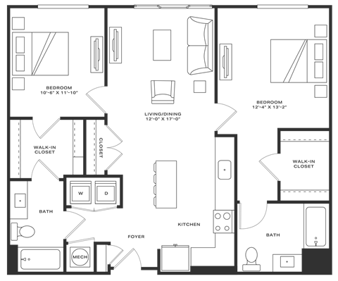 Floor plan for 2 beds, 2 baths, 1180 sqft
