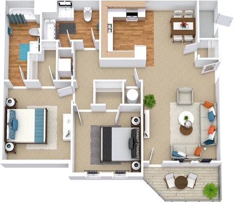 Floor plan for 2 beds, 2 baths, 960 sqft
