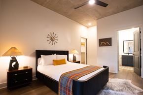 Raleigh apartment for rent - a bedroom with a large bed and a mirror in the corner