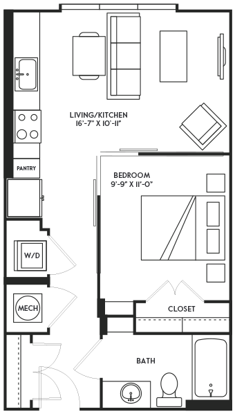 Floor plan for studio, 1 bath, 584 sqft