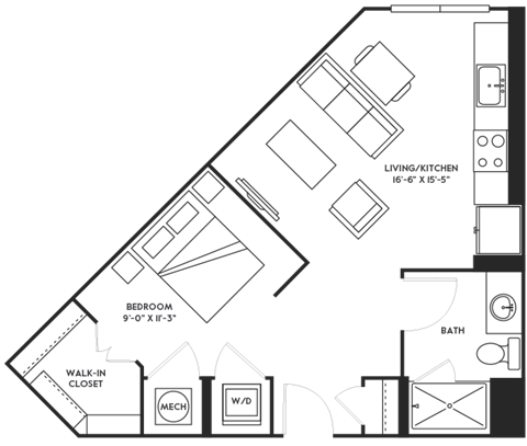 Floor plan for studio, 1 bath, 597 sqft