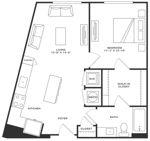 Floor plan for 1 bed, 1 bath, 687 sqft