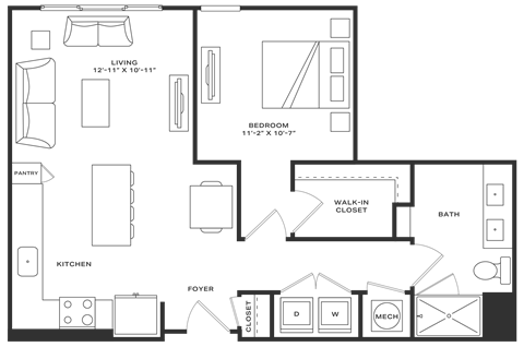 Floor plan for 1 bed, 1 bath, 745 sqft