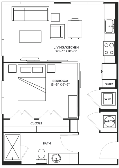 Floor plan for studio, 1 bath, 638 sqft