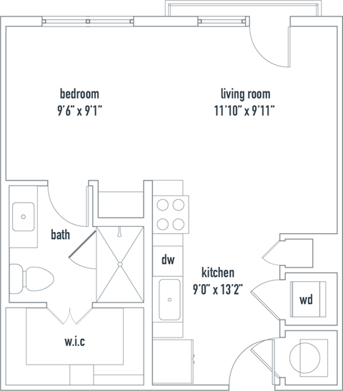 Floor plan for studio, 1 bath, 528 sqft