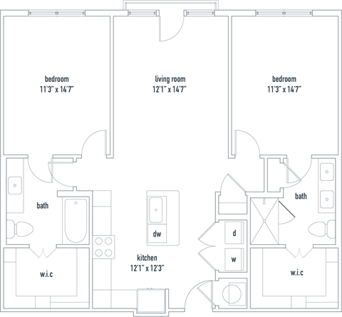 Floor plan for 2 beds, 2 baths, 1136 sqft