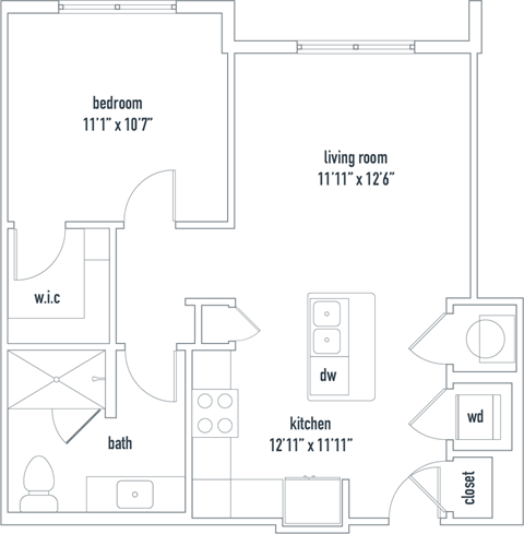 Floor plan for 1 bed, 1 bath, 647 sqft