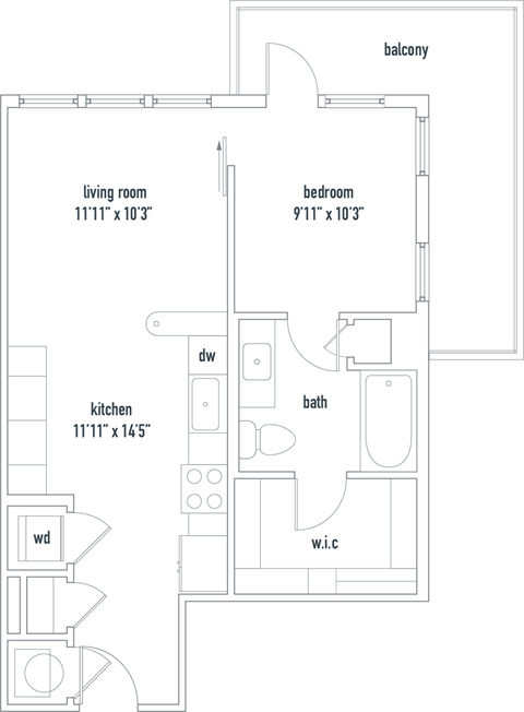 Floor plan for studio, 1 bath, 598 sqft