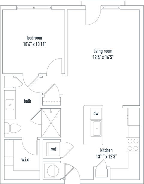 Floor plan for 1 bed, 1 bath, 720 sqft