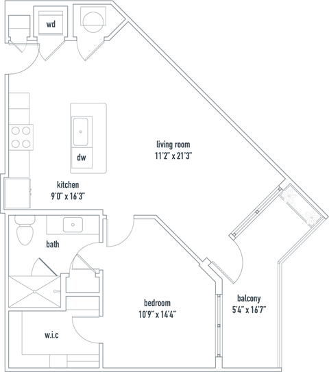 Floor plan for 1 bed, 1 bath, 726 sqft