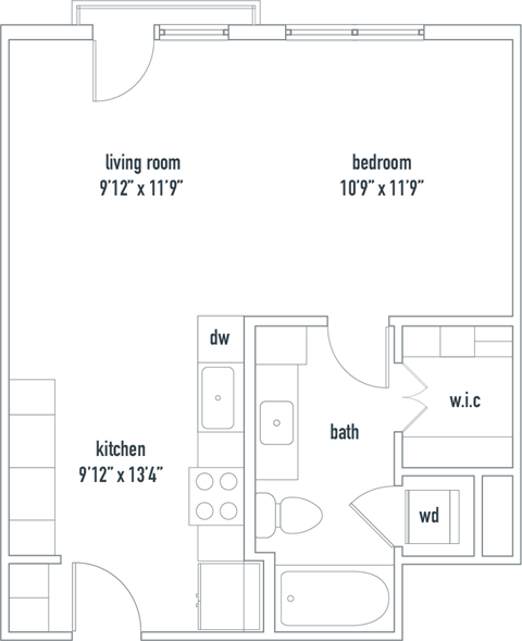 Floor plan for studio, 1 bath, 572 sqft