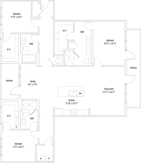 Floor plan for 3 beds, 3 baths, 1771 sqft