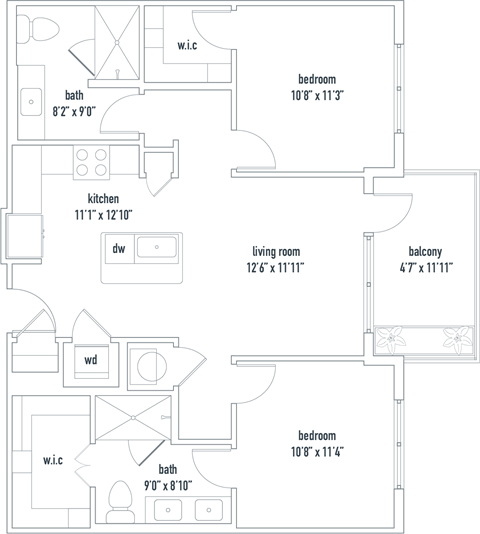 Floor plan for 2 beds, 2 baths, 932 sqft