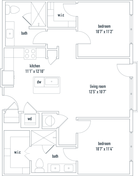 Floor plan for 2 beds, 2 baths, 969 sqft