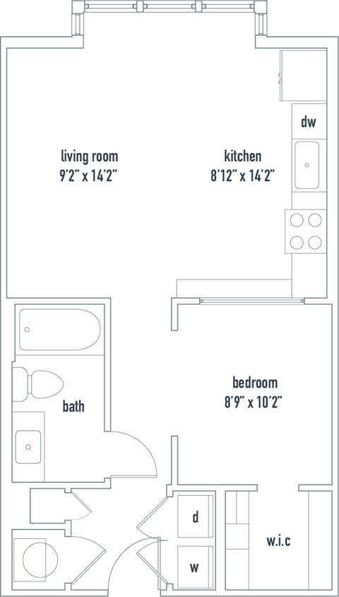 Floor plan for studio, 1 bath, 620 sqft