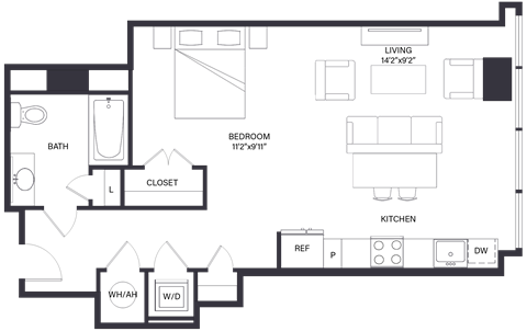Floor plan for studio, 1 bath, 687 sqft
