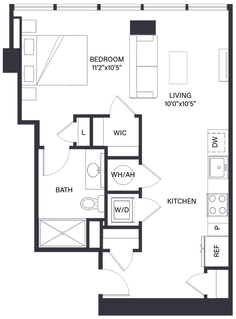 Floor plan for studio, 1 bath, 601 sqft