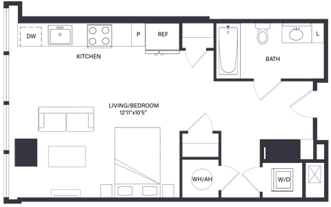 Floor plan for studio, 1 bath, 474 sqft