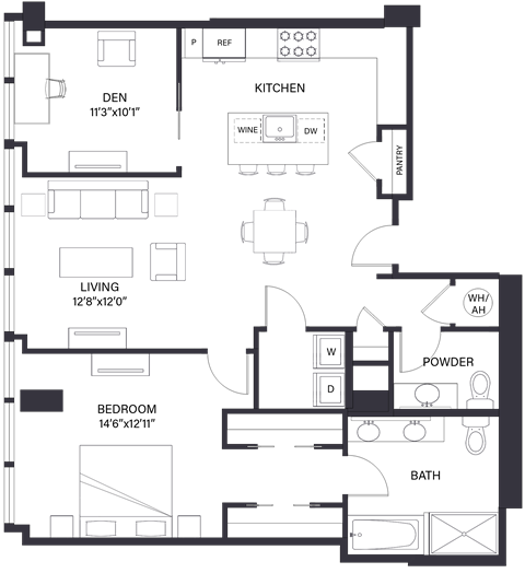 Floor plan for 1 bed, 1.5 baths, 1169 sqft