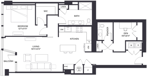 Floor plan for 1 bed, 1.5 baths, 1295 sqft