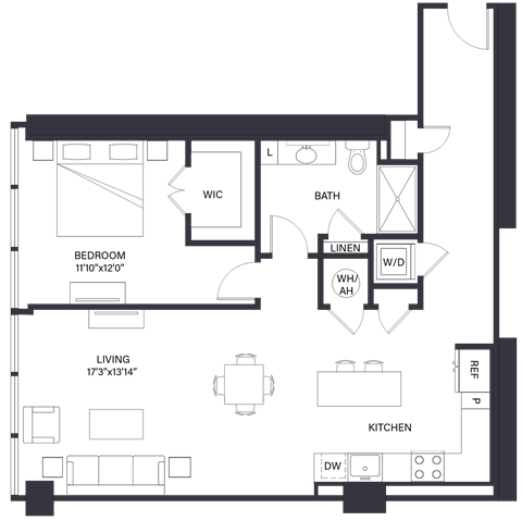 Floor plan for 1 bed, 1 bath, 990 sqft