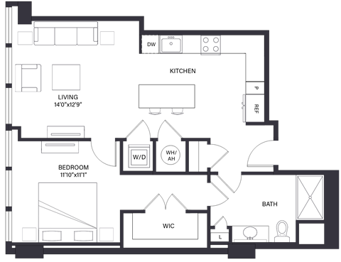 Floor plan for 1 bed, 1 bath, 770 sqft