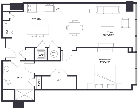 Floor plan for 1 bed, 1 bath, 918 sqft