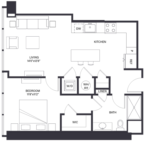 Floor plan for 1 bed, 1 bath, 728 sqft