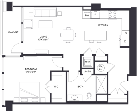 Floor plan for 1 bed, 1 bath, 906 sqft