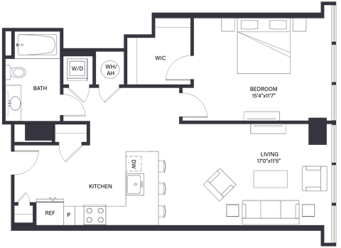 Floor plan for 1 bed, 1 bath, 839 sqft