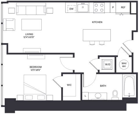 Floor plan for 1 bed, 1 bath, 661 sqft