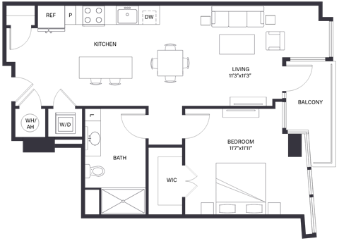 Floor plan for 1 bed, 1 bath, 755 sqft