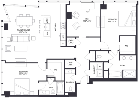Floor plan for 2 beds, 2.5 baths, 1829 sqft